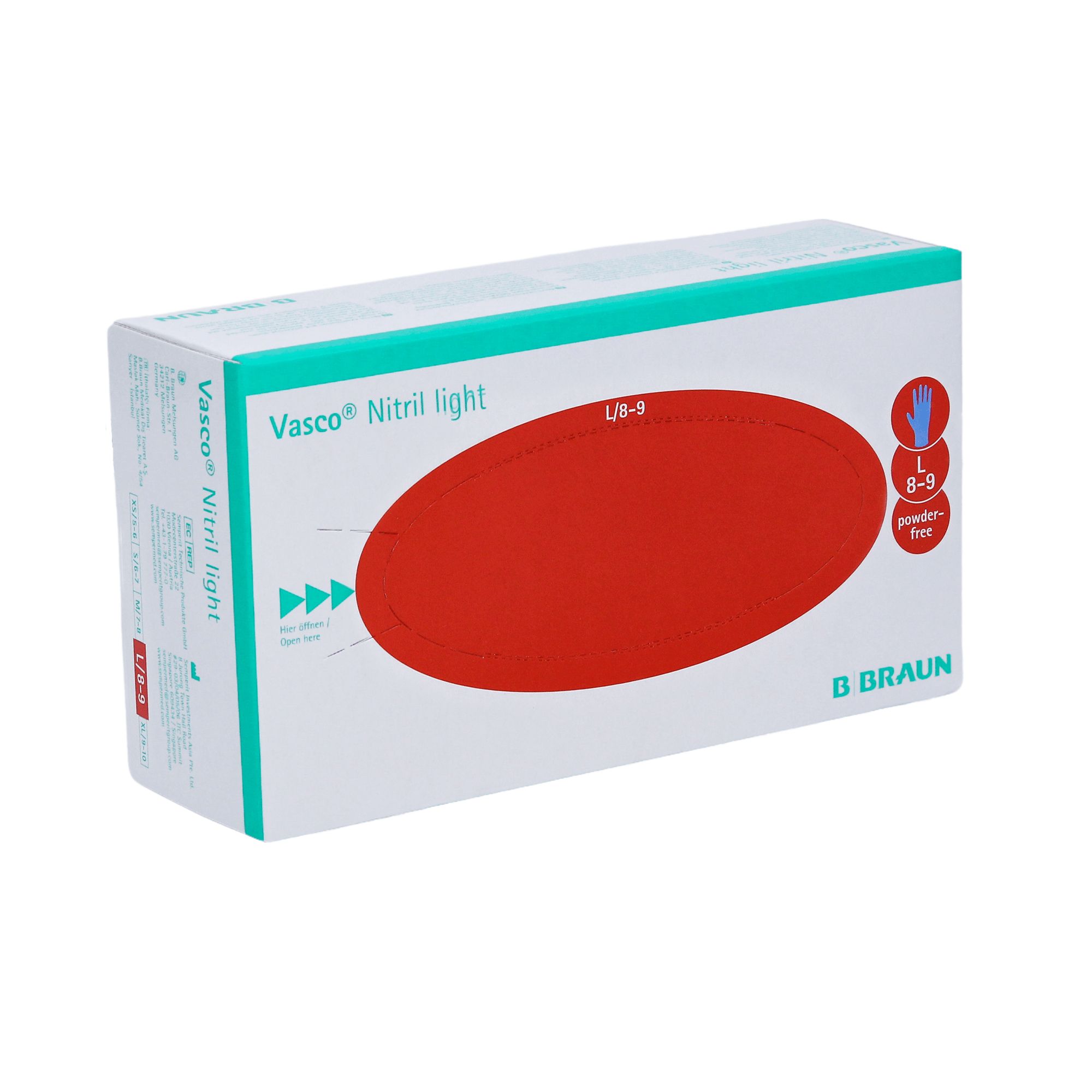 Verpackung von B. Braun Vasco® Nitril light Untersuchungshandschuhen. Weiß mit rotem Oval und blauer Handsymbol. Größe L/8-9.