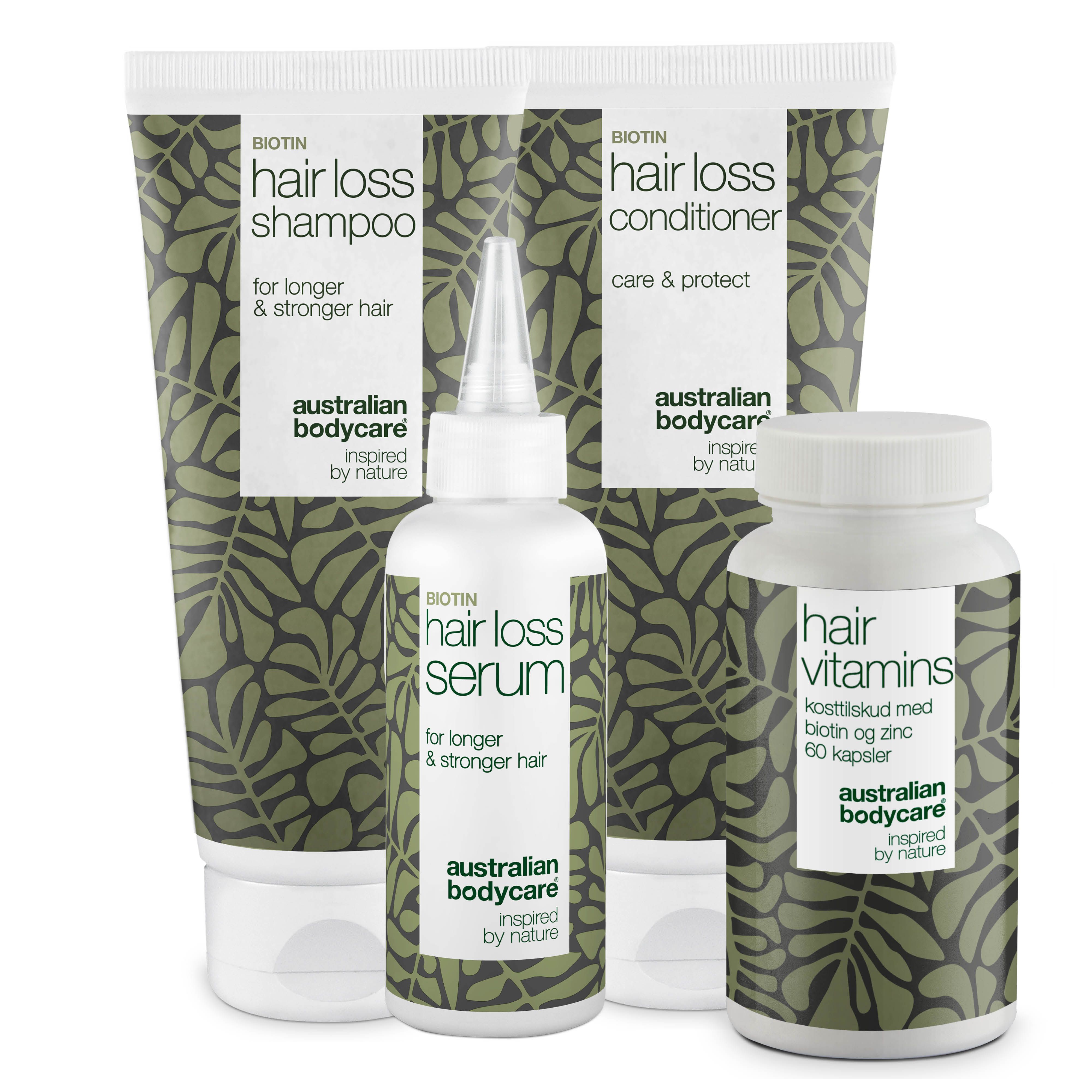 Vier Produkte: Shampoo, Conditioner, Serum und Tabletten. Alle mit Blättermuster und Schriftzug.