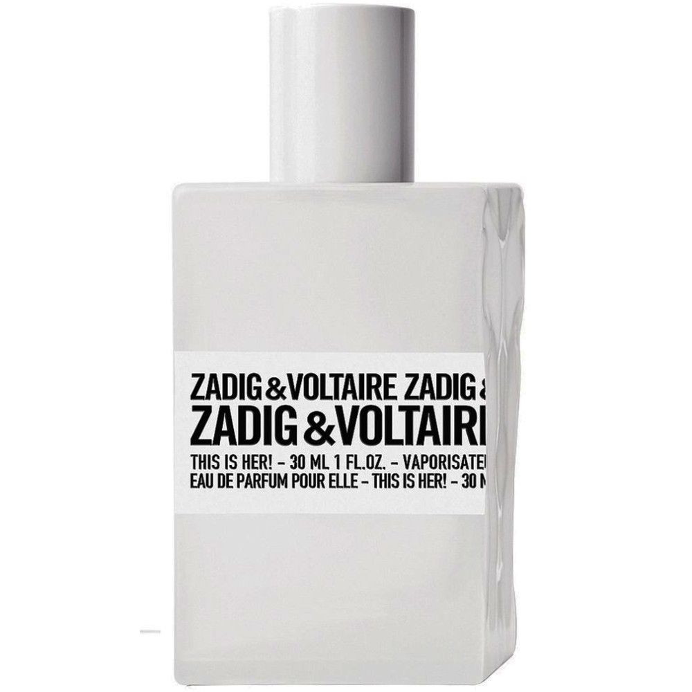 Weißer Flakon von Zadig & Voltaire. Aufschrift: This Is Her! Eau de Parfum Spray 30ml.