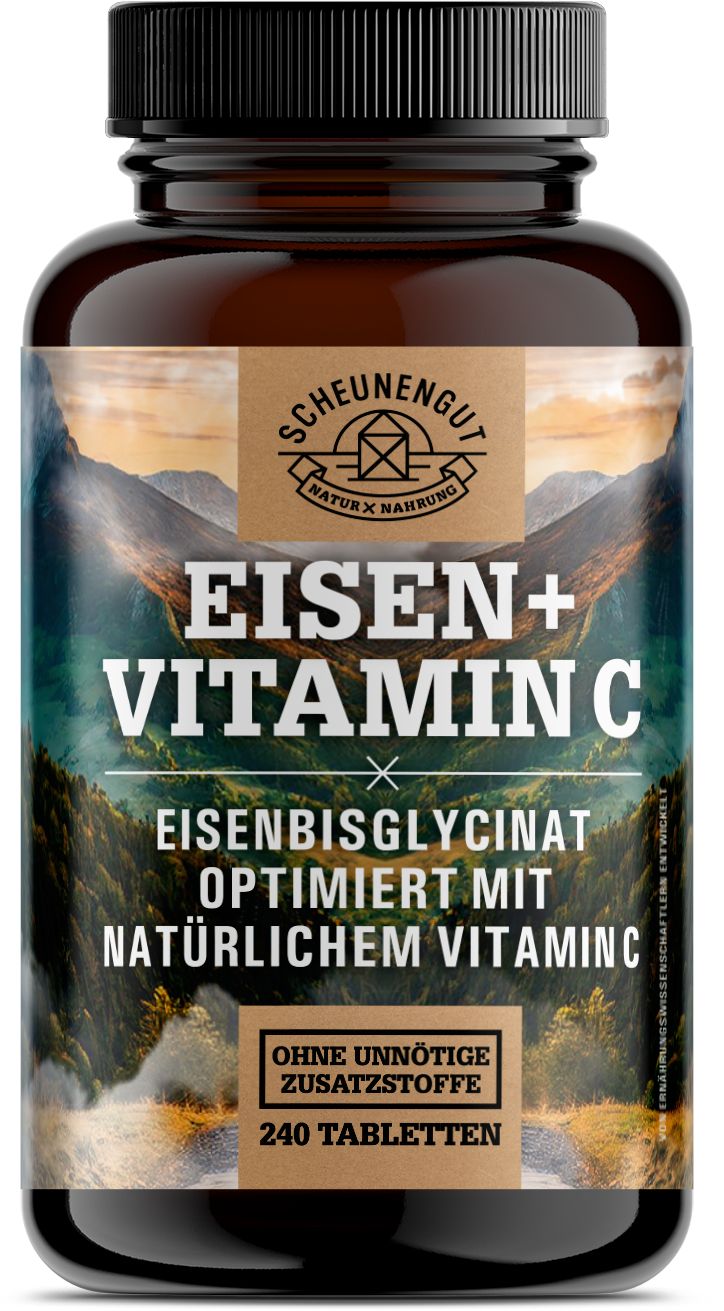 Scheunengut® Eisen Bisglycinat + natürliches Vitamin C hochdosiert | 240 vegane Eisentabletten St Tabletten