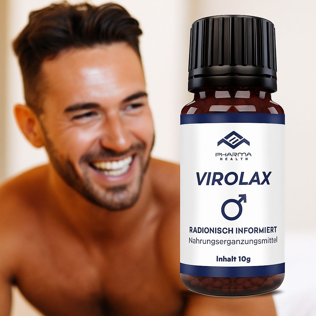 Braune Glasflasche mit schwarzem Deckel. Mann lächelt im Hintergrund. Weißes Etikett mit Logo, Produktname "Virolax" und männlichem Symbol.