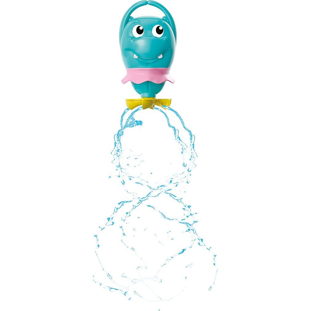 Blaues Nilpferd-Badetier mit Griff und gelbem Propeller. Wasserstrahl, der aus dem Spielzeug kommt.