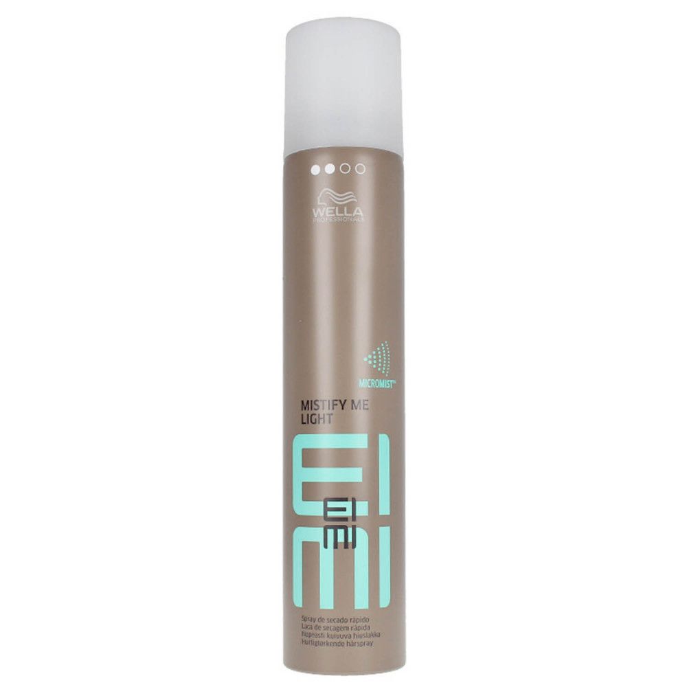 Haarspray-Flasche, braun-weiß. Schriftzug: EIMI, MISTIFY ME LIGHT. Marke: Wella.