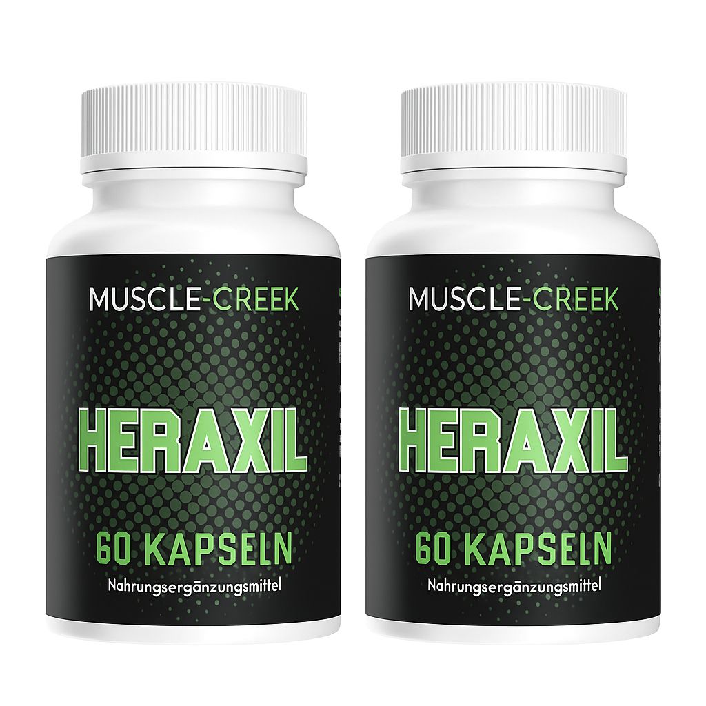 Zwei weiße Flaschen mit schwarzem Etikett. Aufschrift: MUSCLE-CREEK, HERAXIL, 60 KAPSELN, Nahrungsergänzungsmittel.