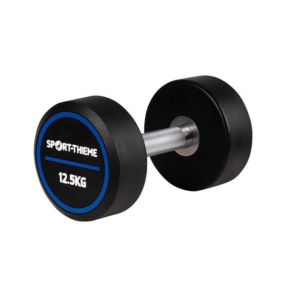 Sport-Thieme Kompakthantel PU Pro, 12.5 kg. Schwarze Hantelscheiben mit blauem Ring, silberner Griff.