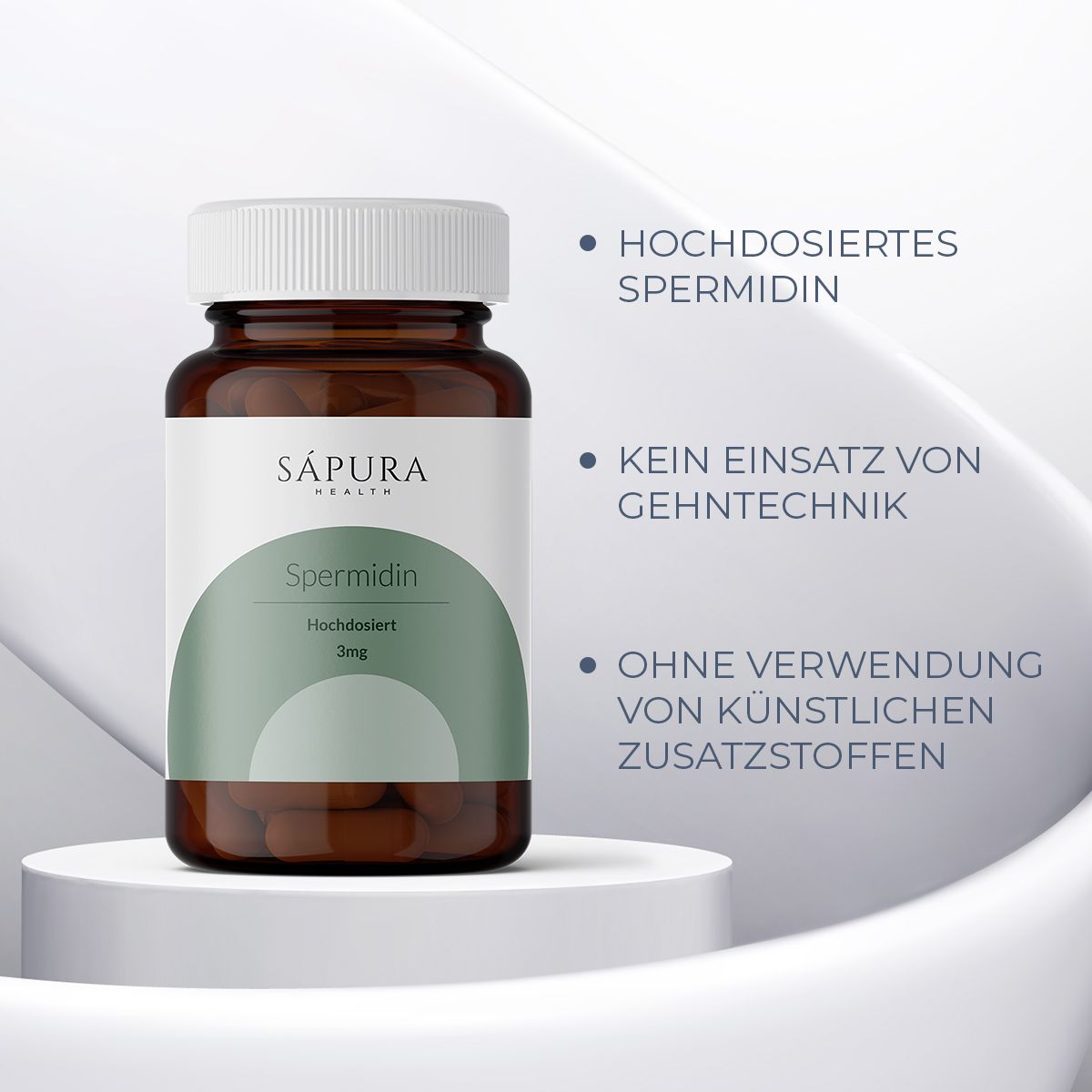 Braune Glasflasche mit weißem Etikett. Aufschrift: Sápura, Spermidin, 3mg. Text: Hochdosiertes Spermidin, ohne Gentechnik, ohne Zusatzstoffe.