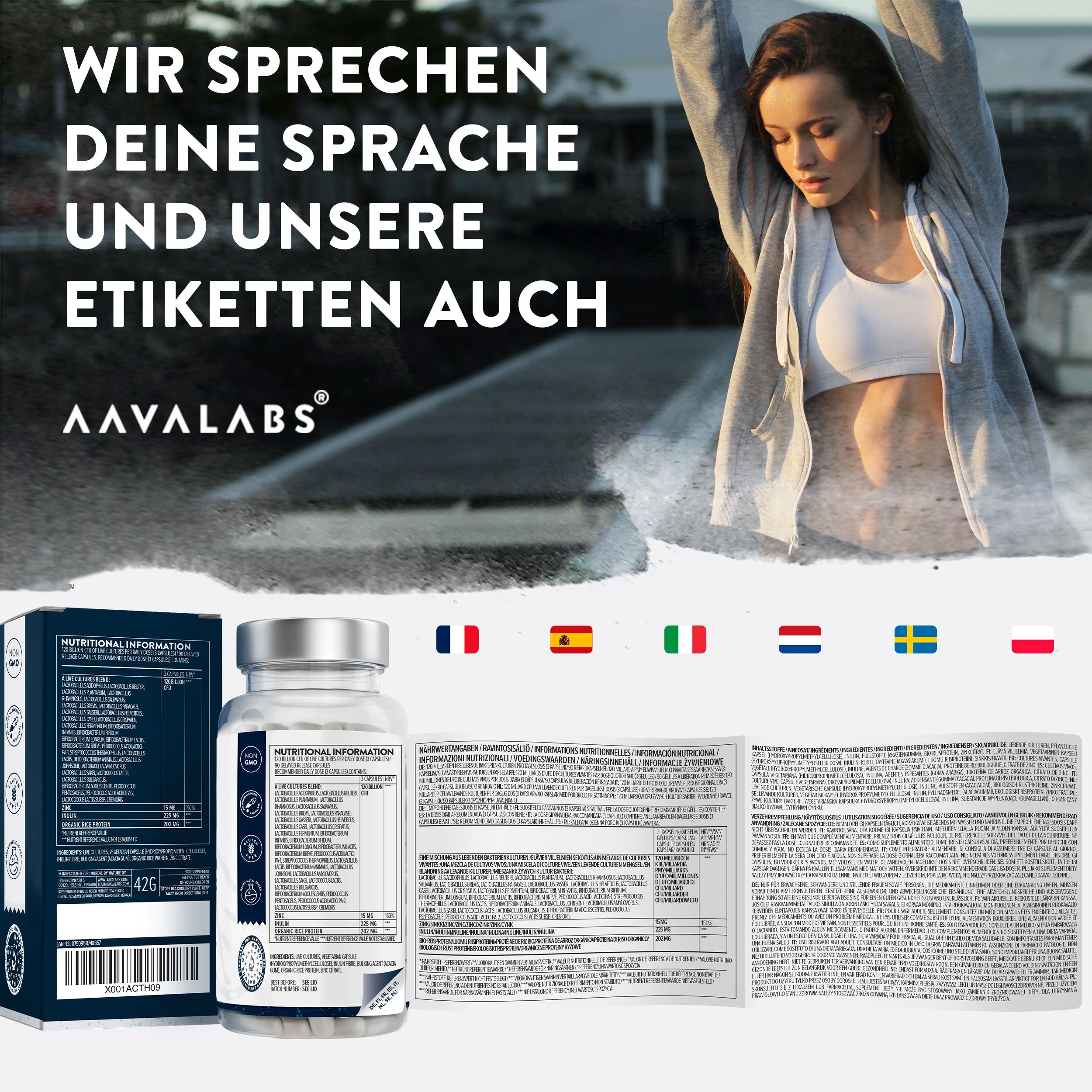 Aavalabs Premium Probiolac Kapseln mit Verpackung und Beipackzettel. Mehrsprachige Etiketten.