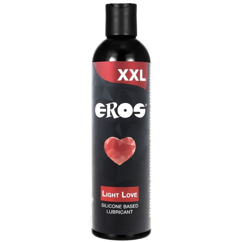 Schwarze Flasche mit rotem Etikett. Aufschrift: EROS, XXL, Light Love. Rotes Herz. Silikonbasiertes Gleitmittel.