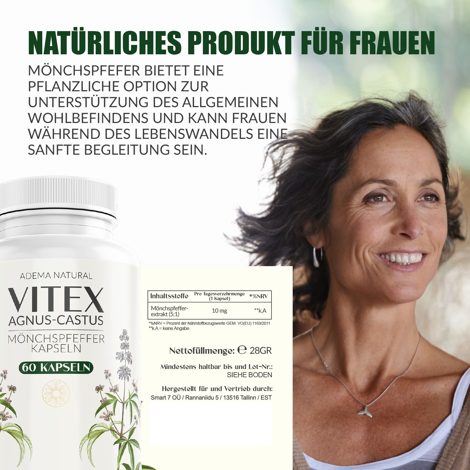 Frau lächelt, neben ihr eine Flasche mit Kapseln. Text: Natürliches Produkt für Frauen. Inhaltsstoffe, Nettomenge. Pflanzenillustration.