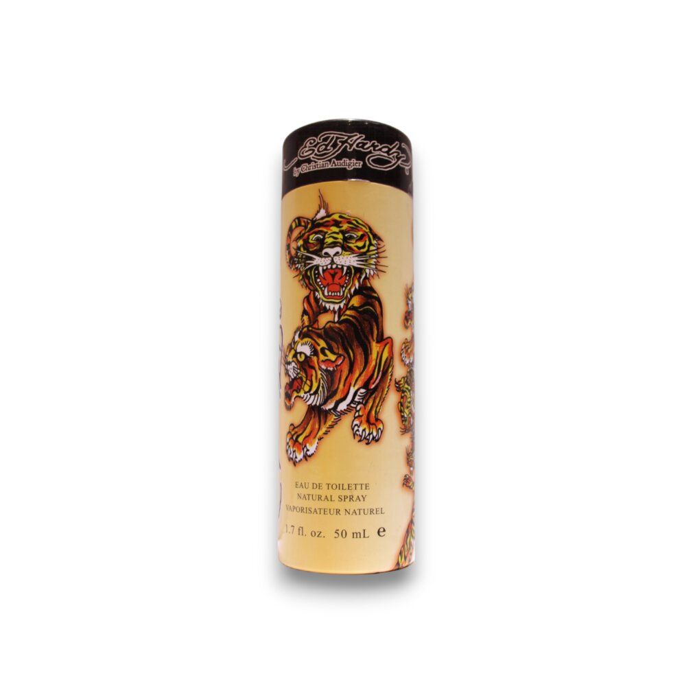 Zylindrische Verpackung mit Tiger-Illustration. Schwarzer Deckel mit Logo. Gelber Hintergrund. Text: Ed Hardy, Eau de Toilette, Natural Spray.