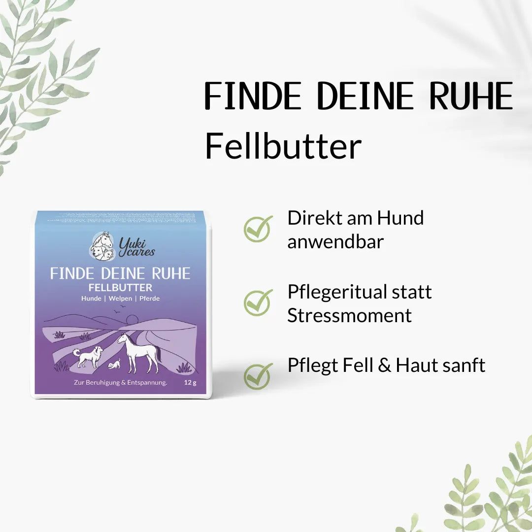Produktverpackung mit Text: Finde deine Ruhe Fellbutter. Text: Direkt am Hund anwendbar, Pflegeritual statt Stressmoment, Pflegt Fell & Haut sanft.