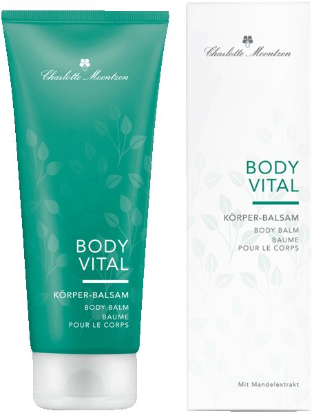 Grüne Tube und Verpackung. Aufschrift: Body Vital Körper-Balsam. Marke: Charlotte Meentzen. Mit Mandelextrakt.