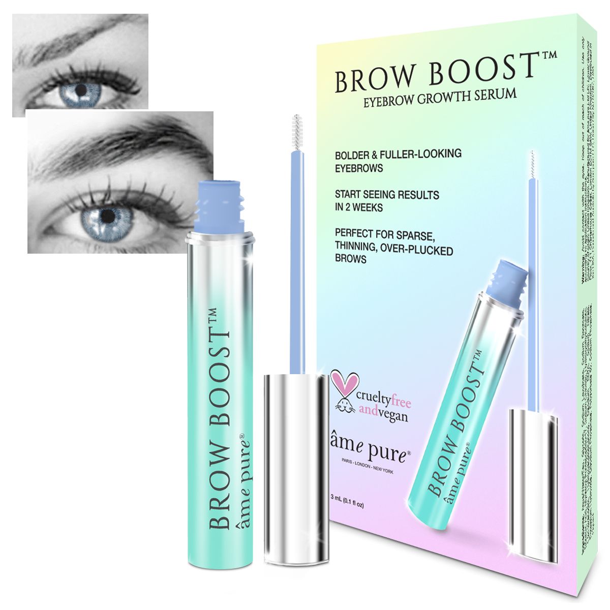 Augenbrauenserum mit Applikator und Verpackung. Aufschrift: BROW BOOST, âme pure. Verpackung mit Text: Augenbrauen-Wachstumsserum.
