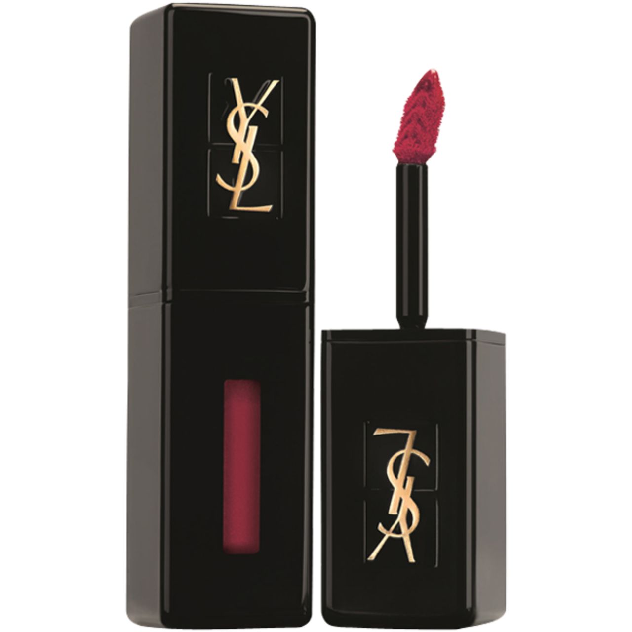 Schwarzer Lippenstift-Applikator mit rotem Applikator. Goldfarbenes YSL-Logo auf dem Deckel. Geöffnet, Produkt sichtbar.