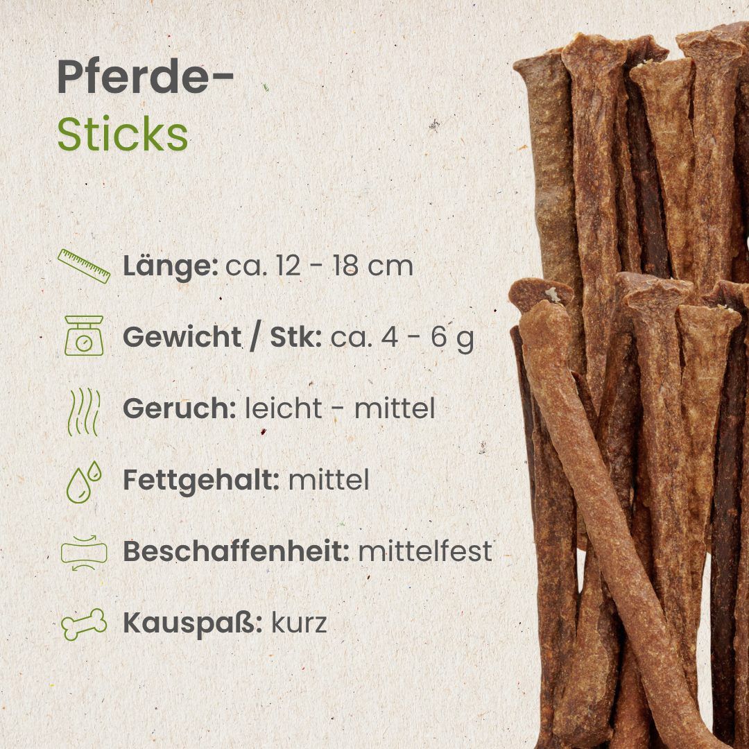 Getrocknete Pferdefleisch-Sticks mit Informationen über Länge, Gewicht, Geruch, Fettgehalt und Beschaffenheit.