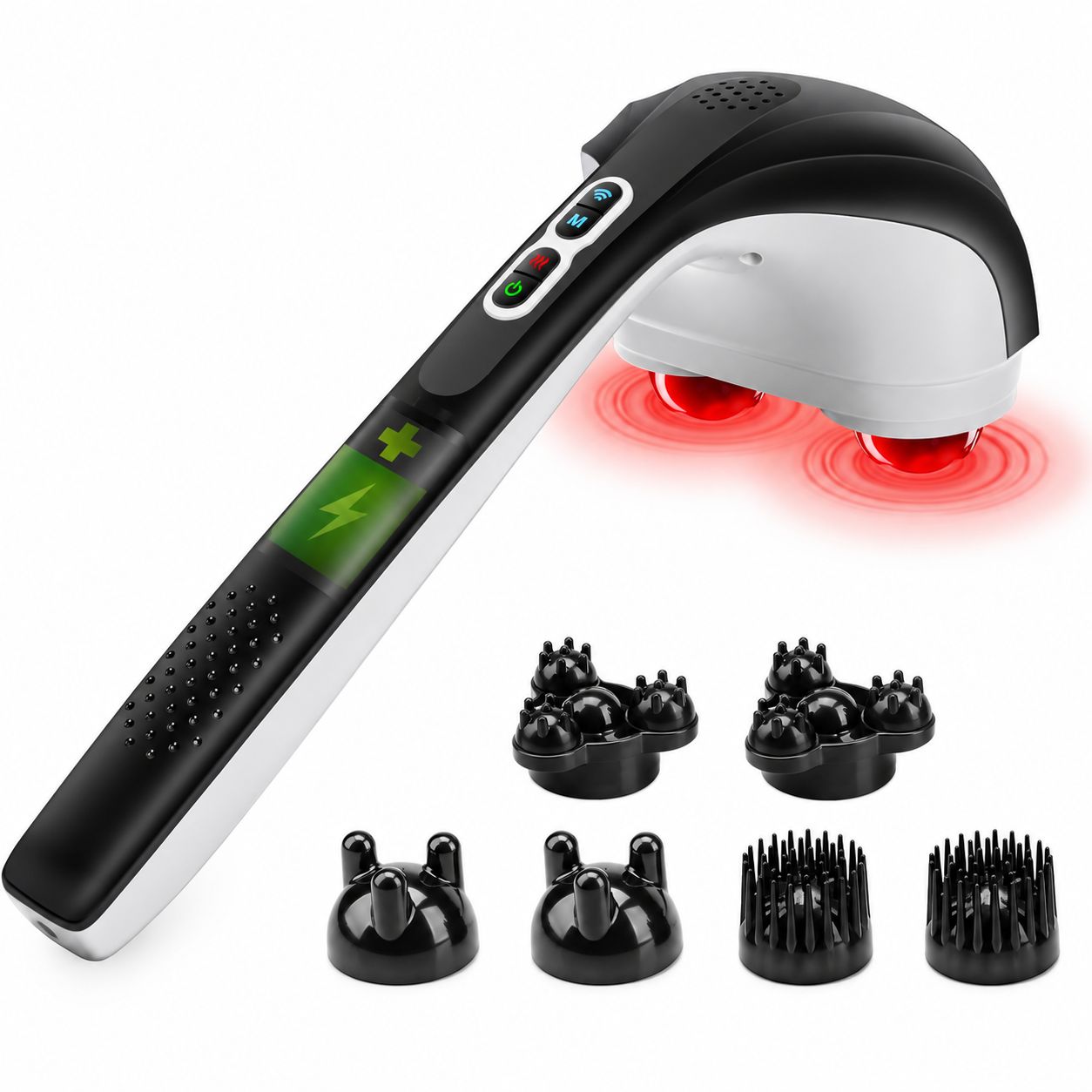 Elektrisches Handmassagegerät mit verschiedenen Aufsätzen und roter Wärmefunktion.
