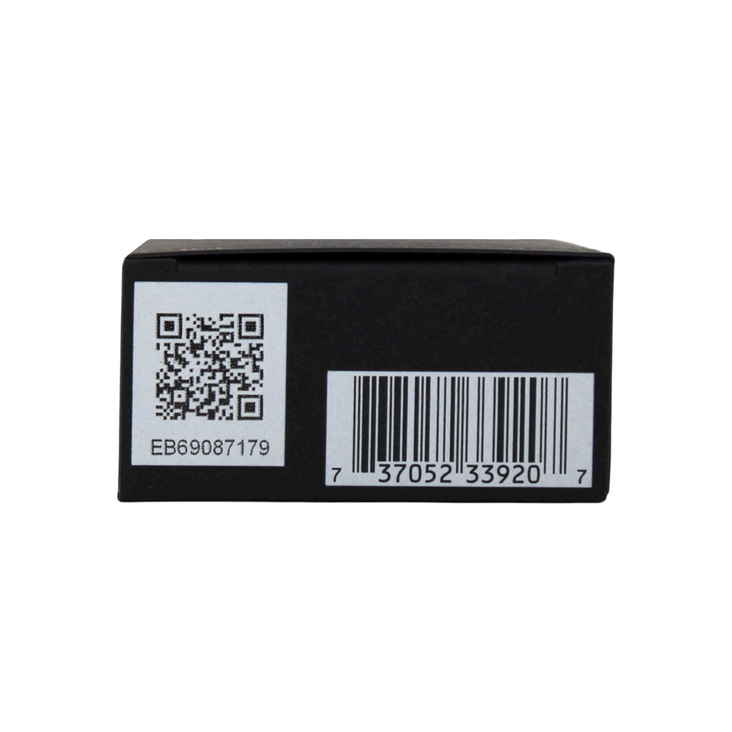 Unterseite der GUCCI Guilty Homme Verpackung. Schwarzer Karton mit QR-Code und Barcode. Produktcode und Strichcode.