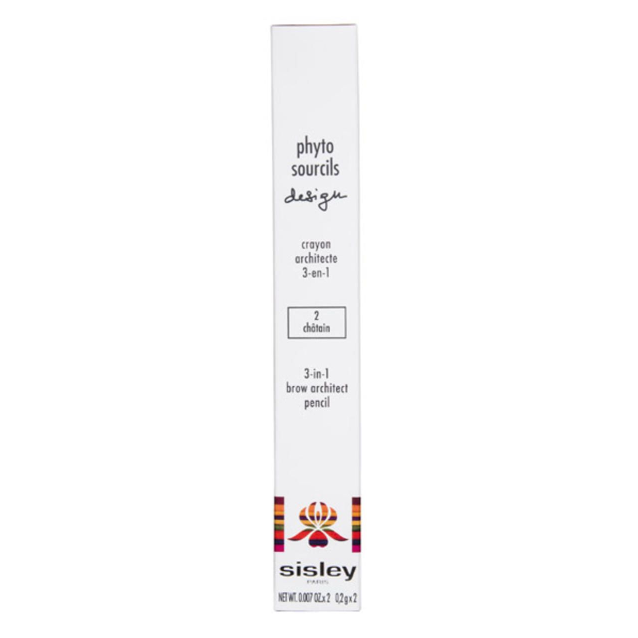 Verpackung von Sisley Phyto-Sourcils Design. Weiß, mit Produktnamen und Farbnummer. Aufdrucke.