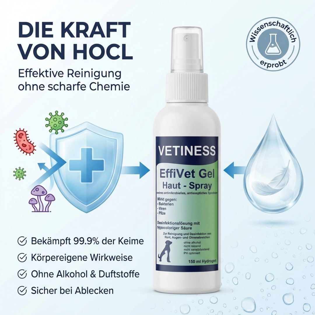 Weißes Sprayfläschchen mit grünem Etikett. Text: Vetiness EffiVet Gel Haut-Spray. Text: Bekämpft 99,9% der Keime. Wissenschaftlich erprobt.