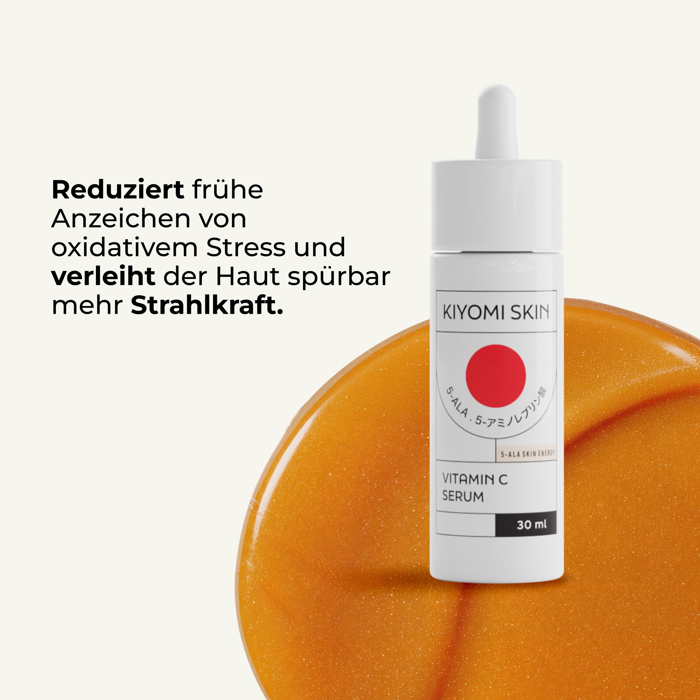 Serumflasche mit Text. Weiß, roter Kreis. Vitamin C Serum. 30 ml.