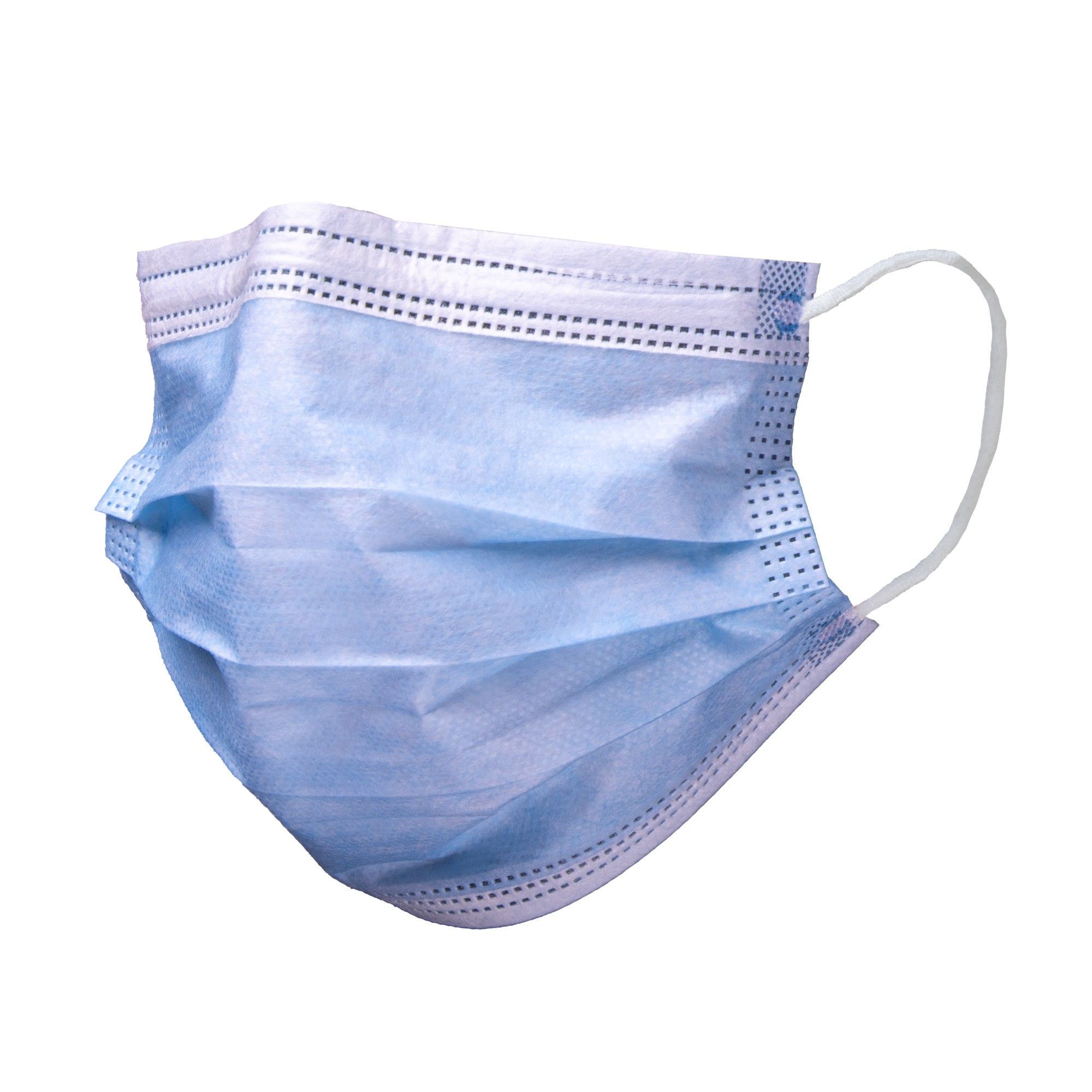 Blaue 3-lagige medizinische Gesichtsmaske mit Ohrschlaufen und Falten für eine bessere Passform.