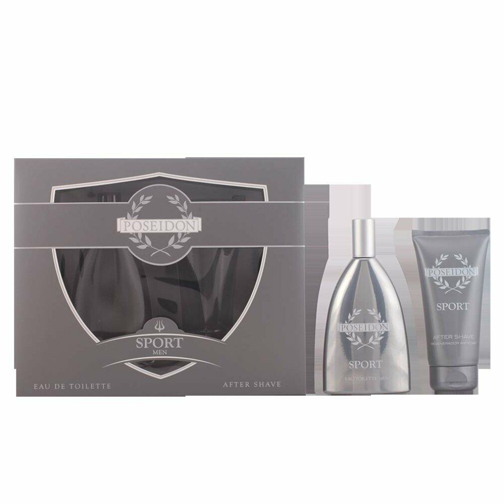 Geschenkset mit Flakon und After Shave in grauer Verpackung. Schriftzug: Poseidon Sport Men. Eau de Toilette und After Shave.