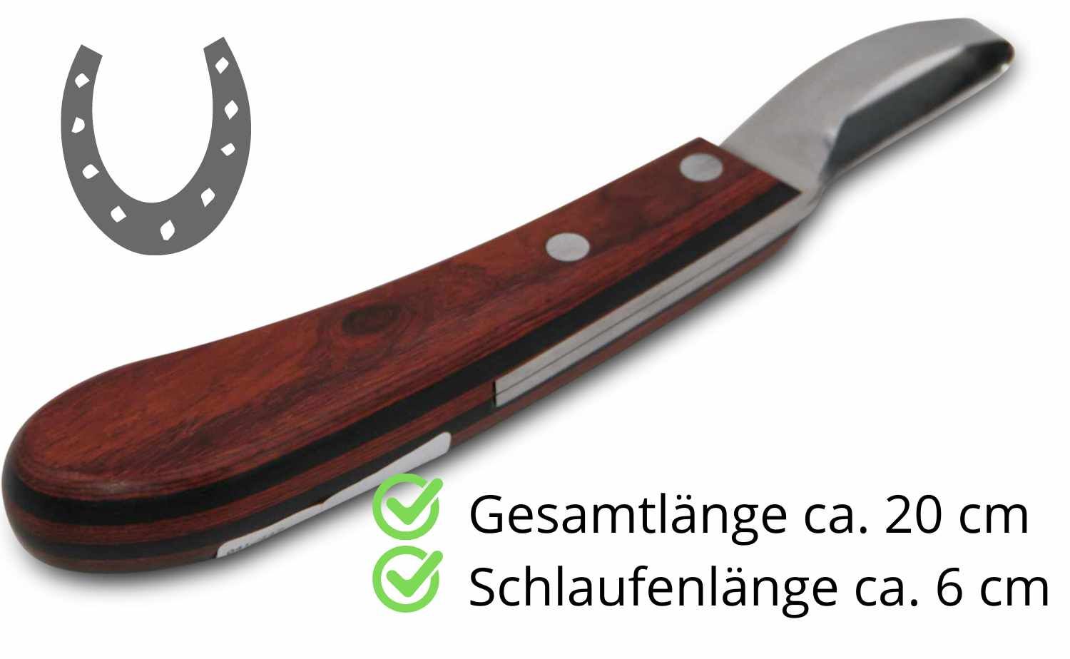 Hufmesser mit Holzgriff. Gesamt ca. 20 cm lang, Schlaufenlänge ca. 6 cm. Mit Hufeisen-Symbol. Holzgriff mit schwarzem Streifen.