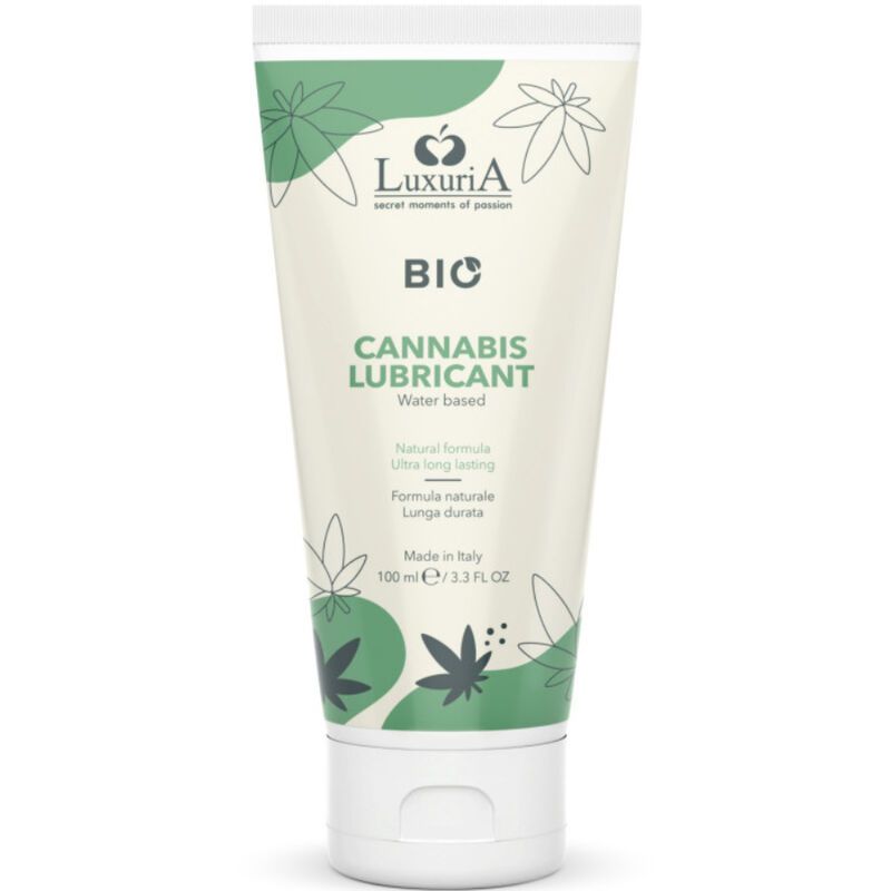 Creme-Tube mit Produktnamen und Logo. Grün-weiße Farbgebung. Text: BIO Cannabis Lubricant, Wasserbasis. Made in Italy.