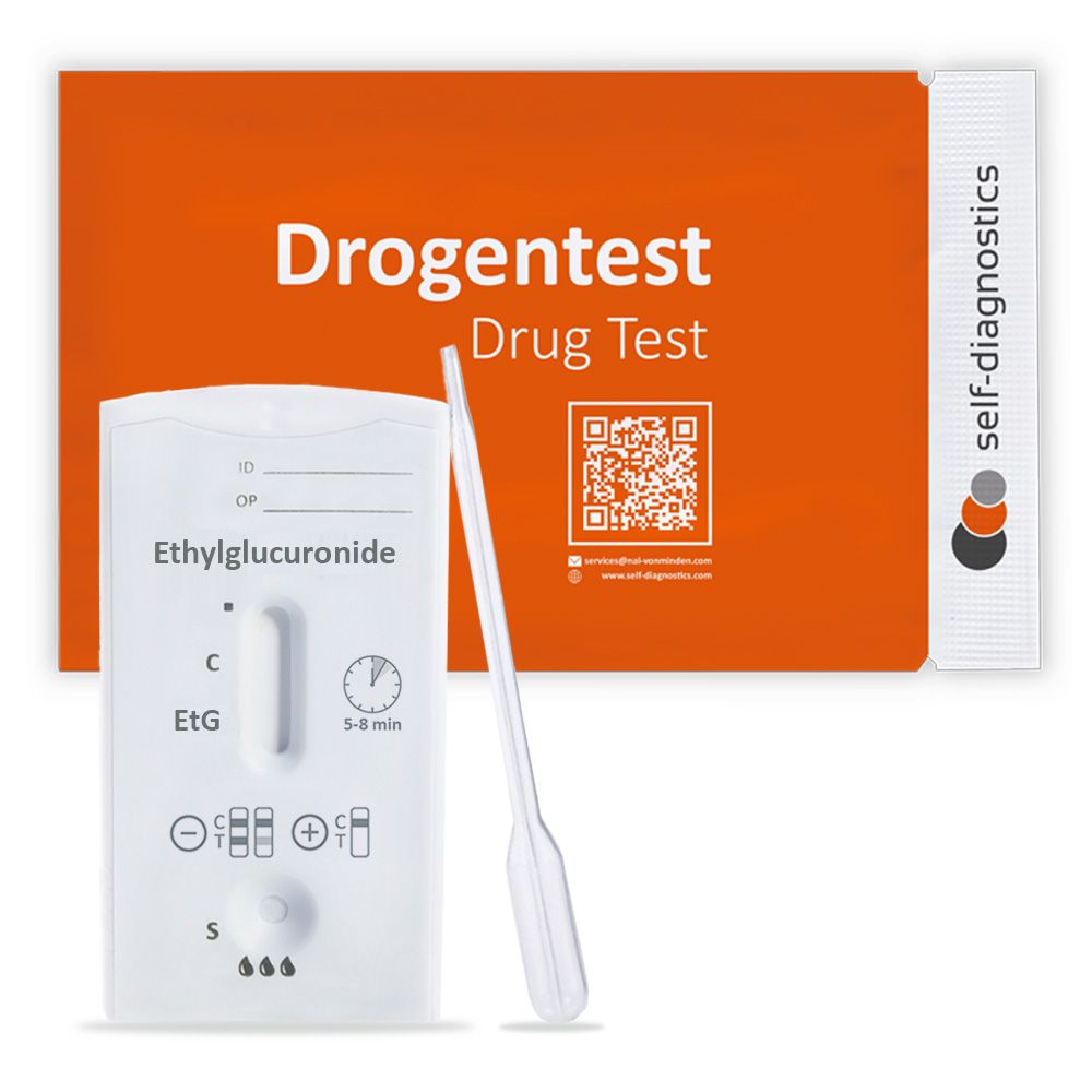 EtG-Schnelltest, Teststreifen und Pipette. Verpackung mit Aufdruck. self-diagnostics.