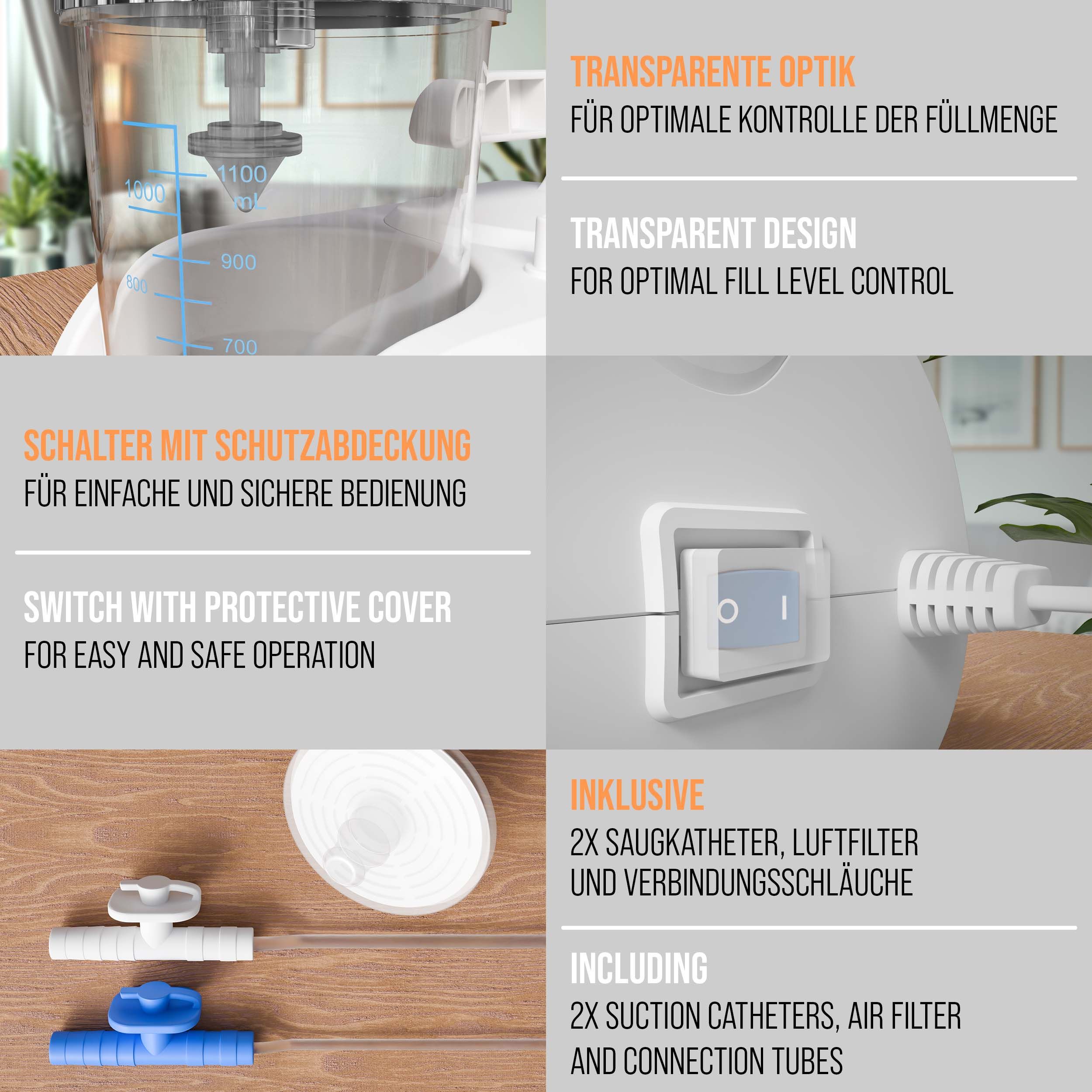 Medizinische Sekret-Absaugpumpe. Transparente Optik. Schalter mit Schutzabdeckung. Inklusive Zubehör: Katheter, Filter, Schläuche.
