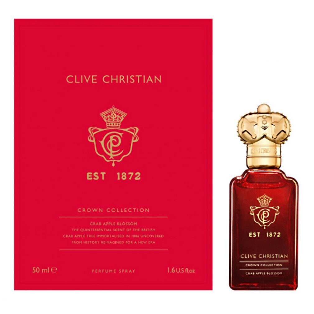 Rote Schachtel und Flakon. Aufschrift: Clive Christian, Crown Collection, Crab Apple Blossom, Est. 1872. Flakon mit goldener Krone.