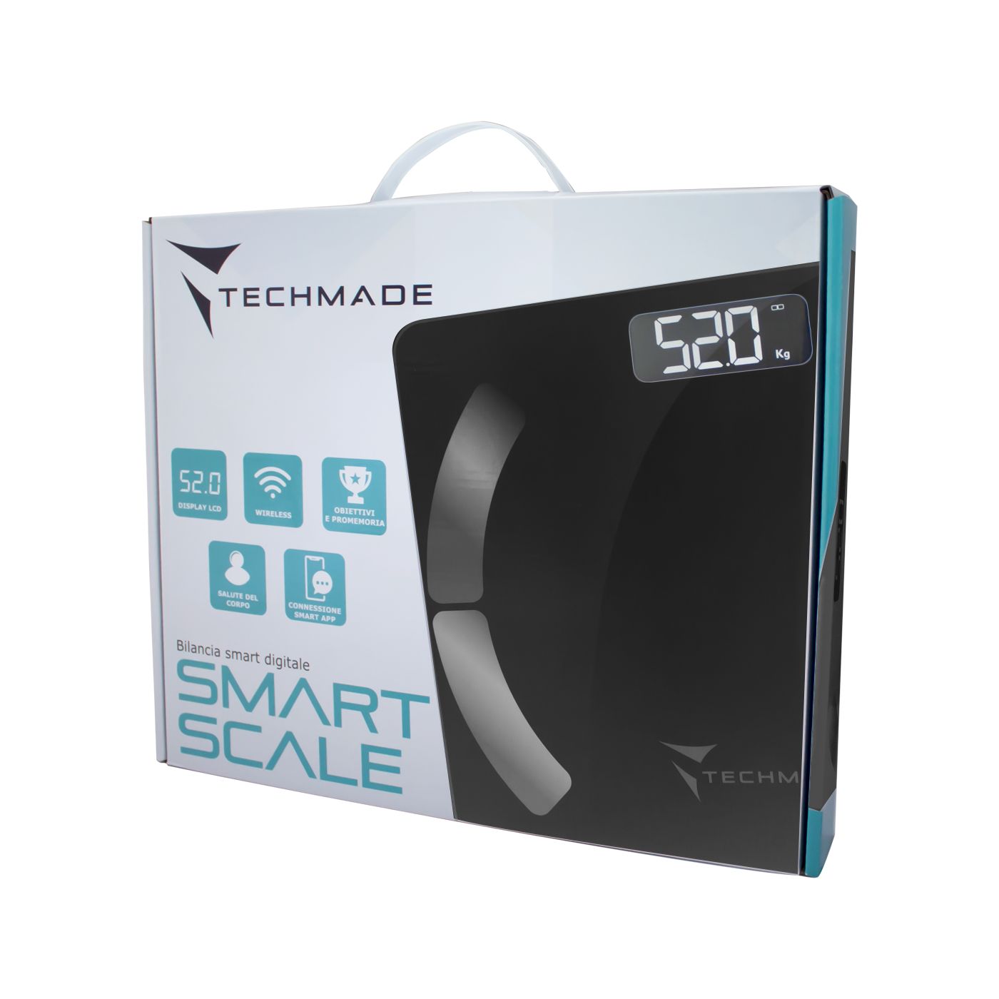 Confezione della bilancia digitale. Bilancia con display 52.0. Icone per display, wireless, obiettivi, app smart.