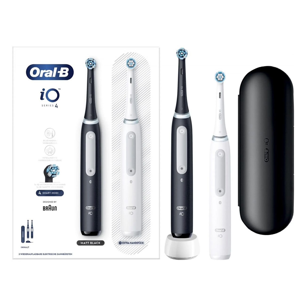 Verpackung mit zwei elektrischen Zahnbürsten, schwarz und weiß, und einem Etui. Oral-B iO Series 4.