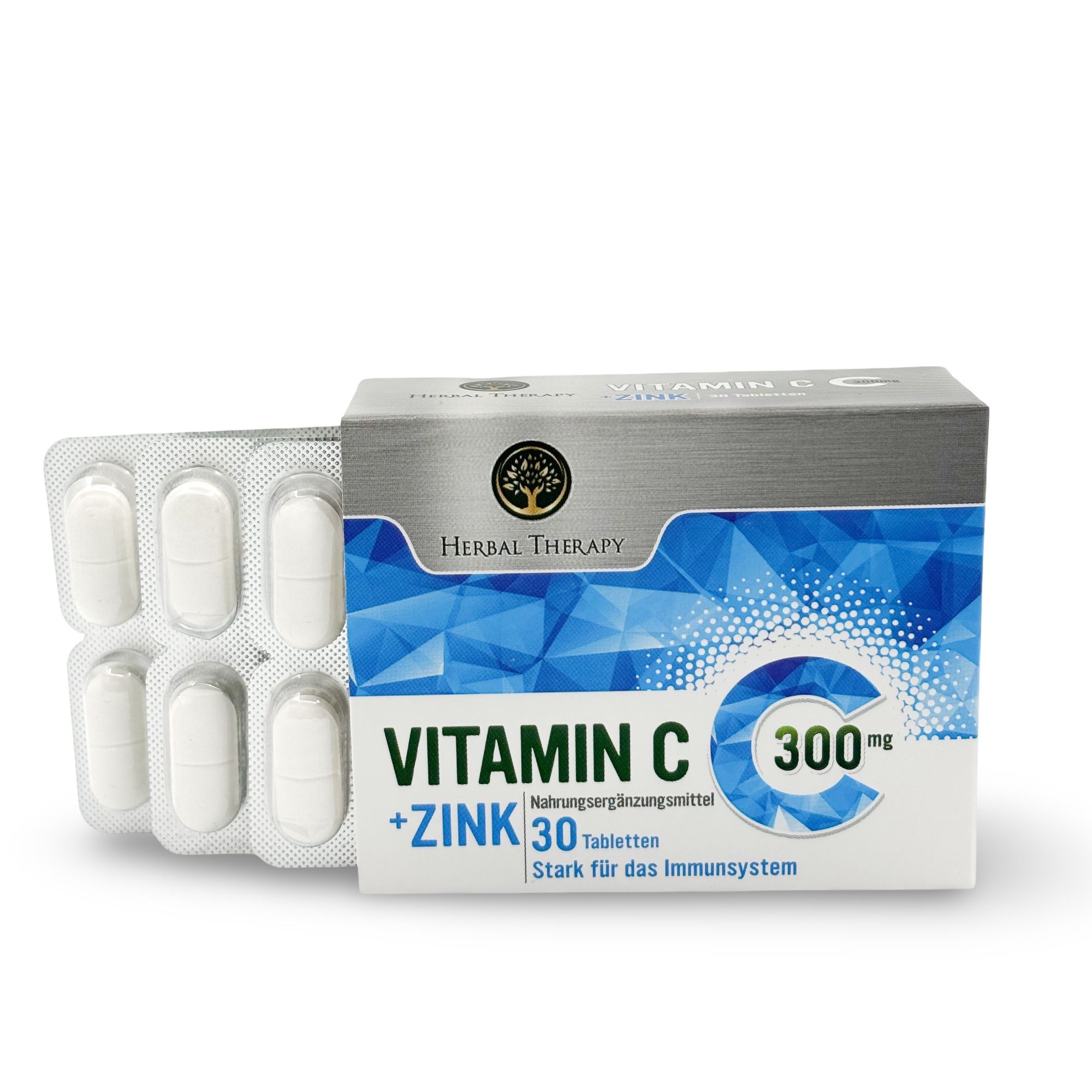 Packung mit Tabletten und Schachtel. Tabletten in Blisterpackung. Schachtel mit Vitamin C + Zink, 30 Tabletten.