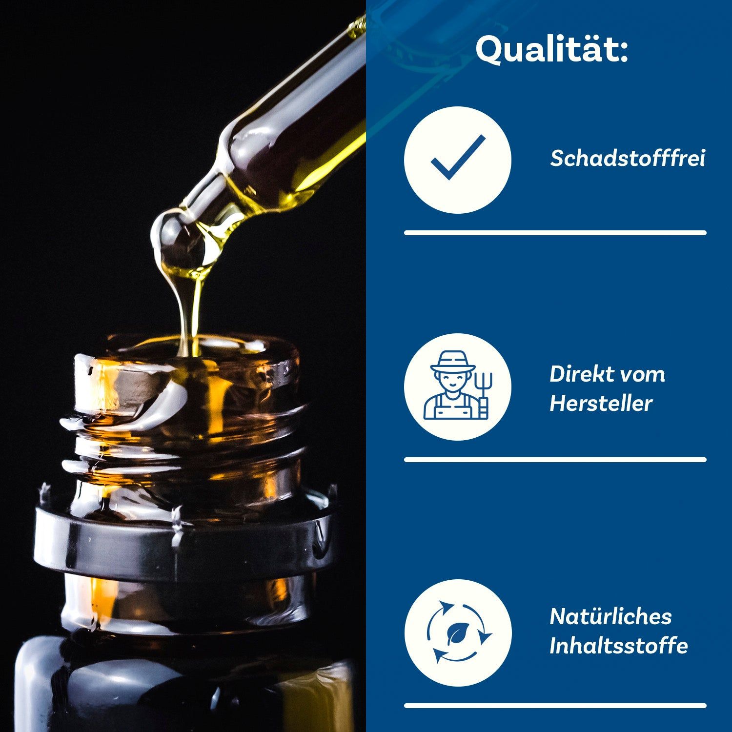 Pipette mit gelber Flüssigkeit über einer braunen Flasche. Text: "Schadstofffrei", "Direkt vom Hersteller", "Natürliches".