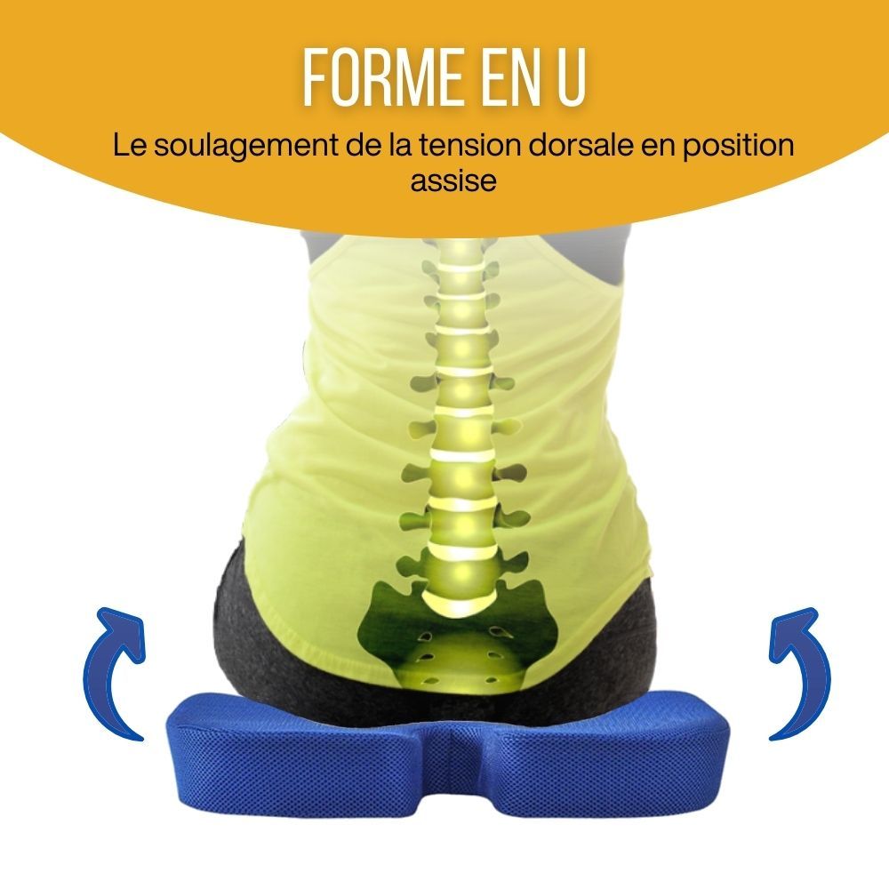 Coussin de siège bleu en forme de U. Design ergonomique. Soulagement de la tension dorsale en position assise. Flèches.