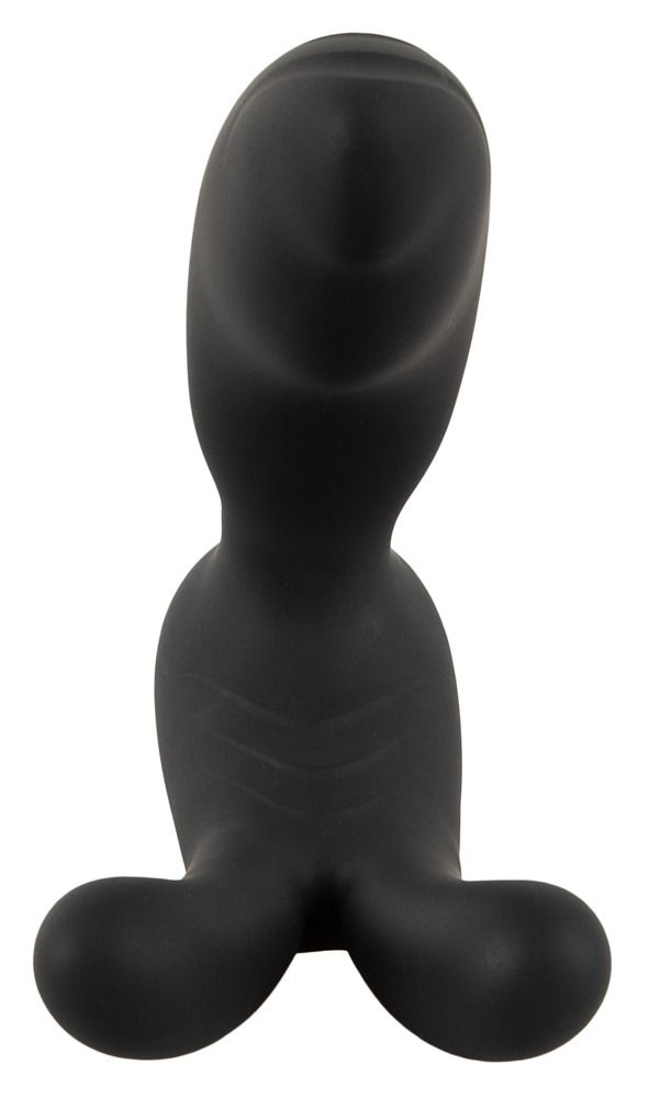 Schwarzer Vibrator mit zwei Armen und einem Aufsatz. Das Produkt hat eine längliche Form.