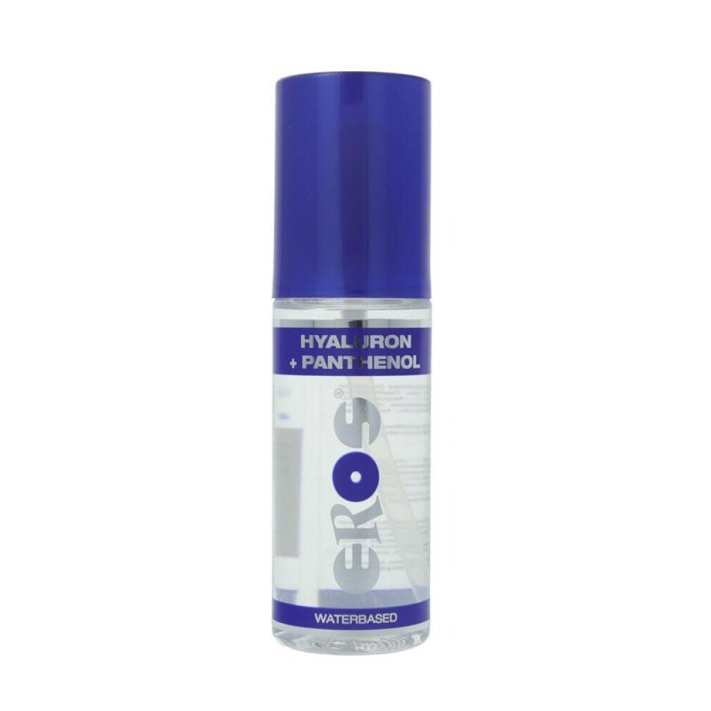 EROS Aqua Hyaluron + Panthenol Gleitmittel in transparenter Flasche mit blauem Verschluss.