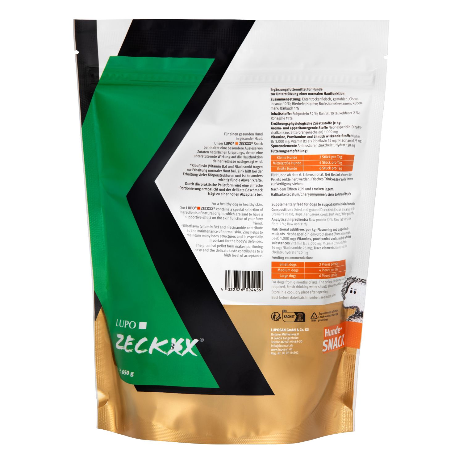 Rückseite einer Hundesnack-Verpackung. LUPO ZECKXX. Inhaltsstoffe, Nährwerte und Anwendungshinweise.