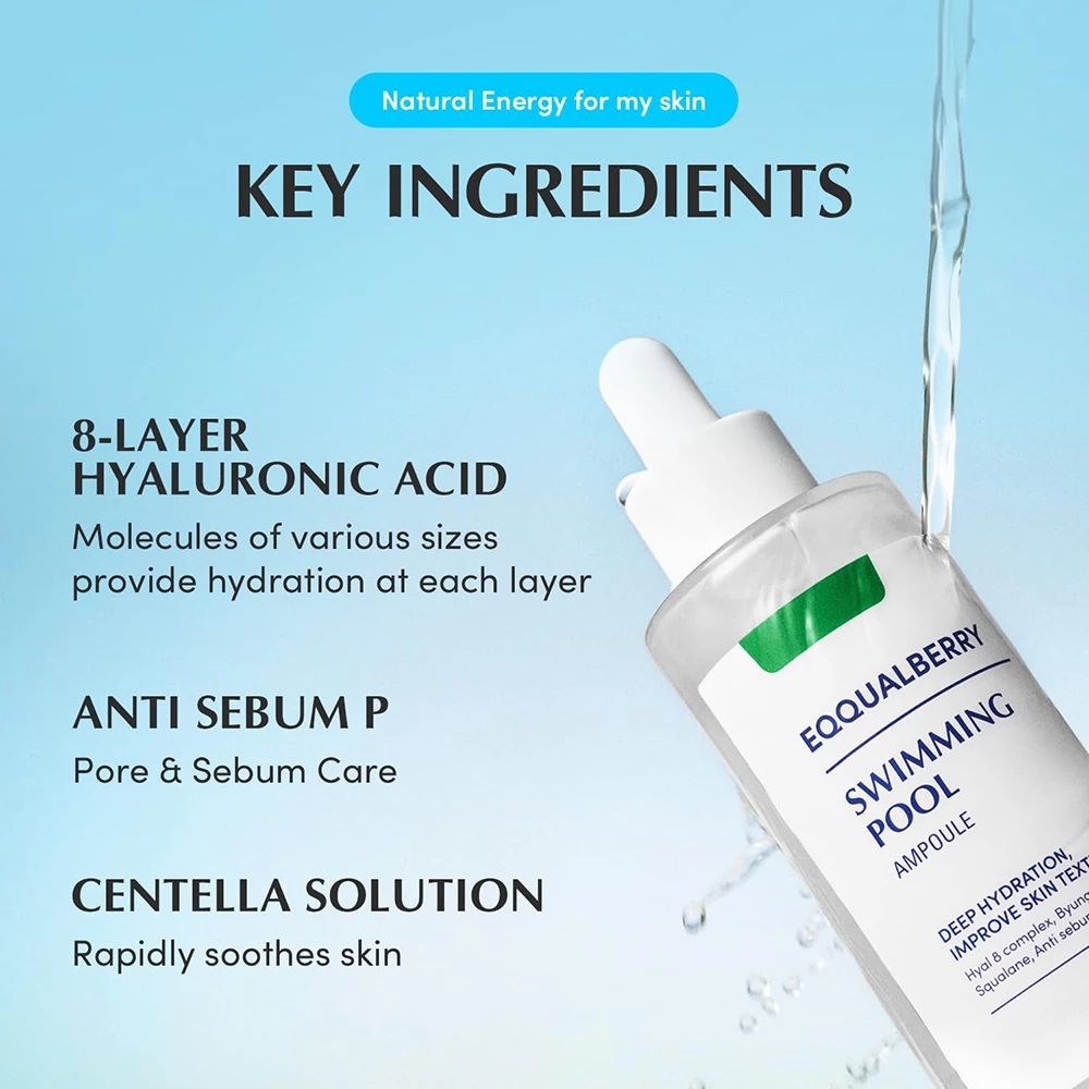 Serumflasche mit Text: EQQUALBERRY SWIMMING POOL AMPOULE. Inhaltsstoffe: Hyaluronsäure, Anti Sebum P, Centella Solution.