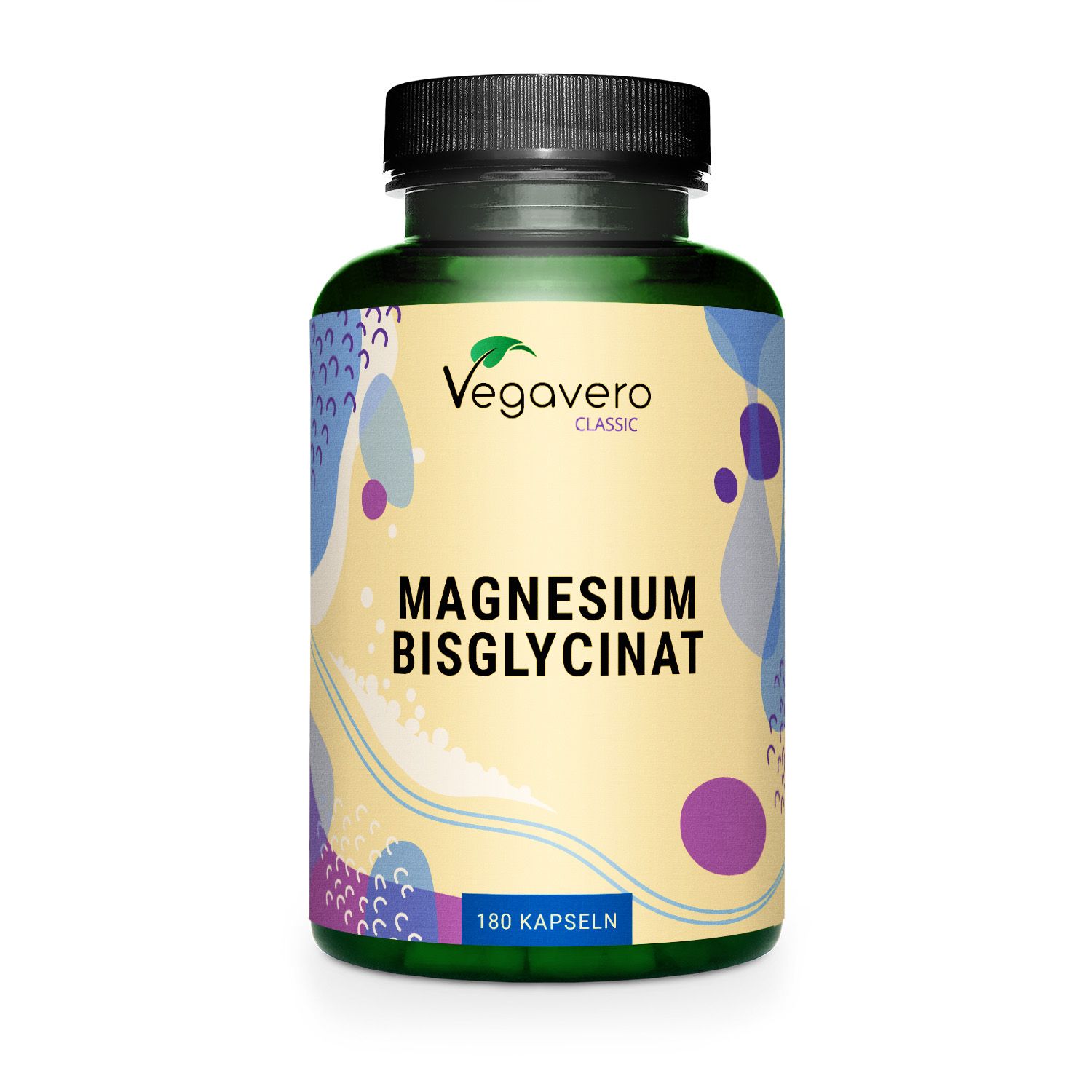 Grüne Flasche mit gelbem Etikett. Aufschrift: Magnesium Bisglycinat, 180 Kapseln. Marke: Vegavero.
