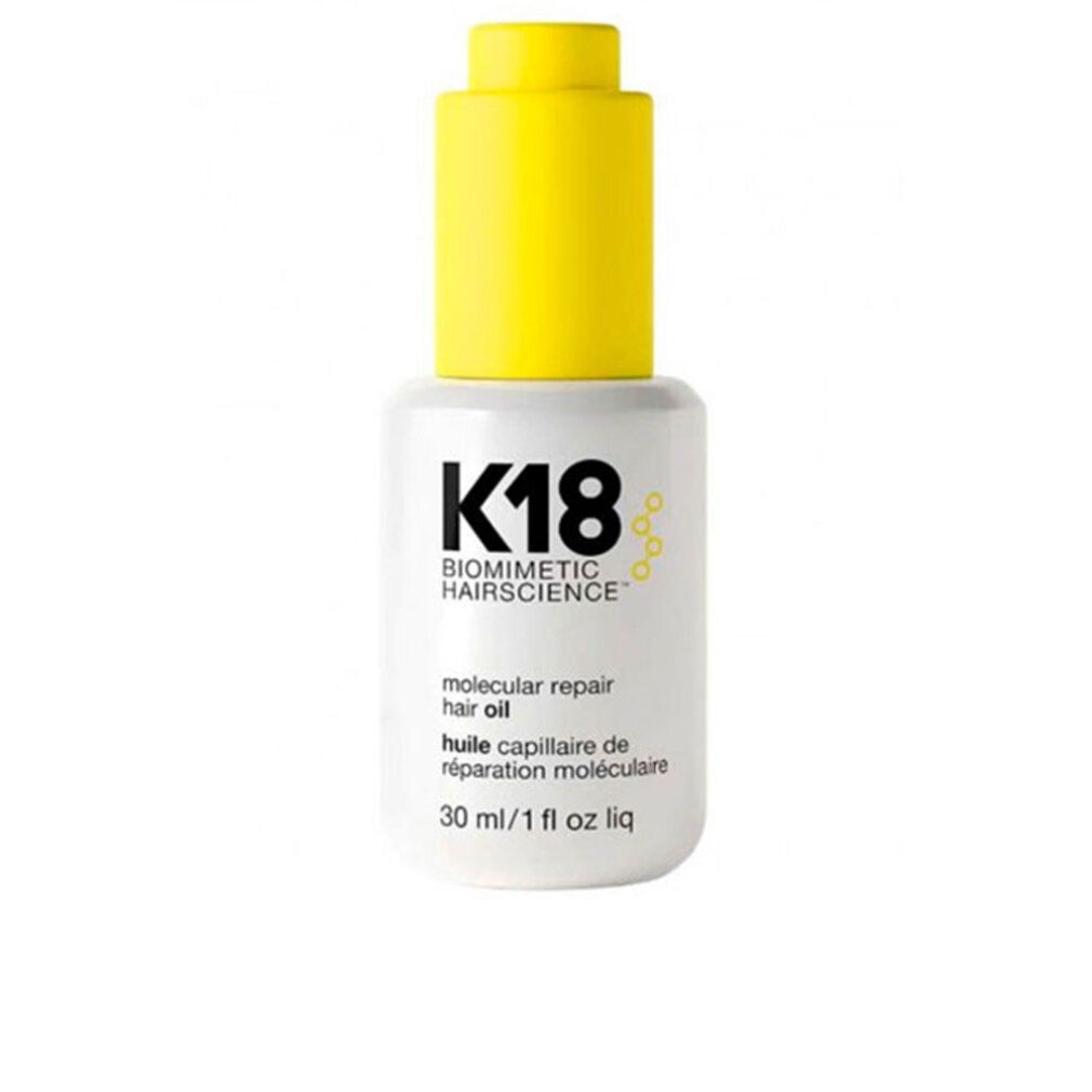 K18 Olio Riparatore Molecolare für Capelli. Flasche mit gelbem Deckel. Text: 30 ml / 1 fl oz liq.