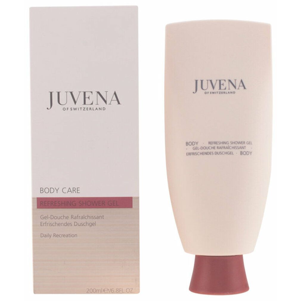 Flakon und Verpackung. Flakon: beige, rosa Verschluss. Verpackung: beige. Aufschrift: Juvena, Body, Refreshing Shower Gel.