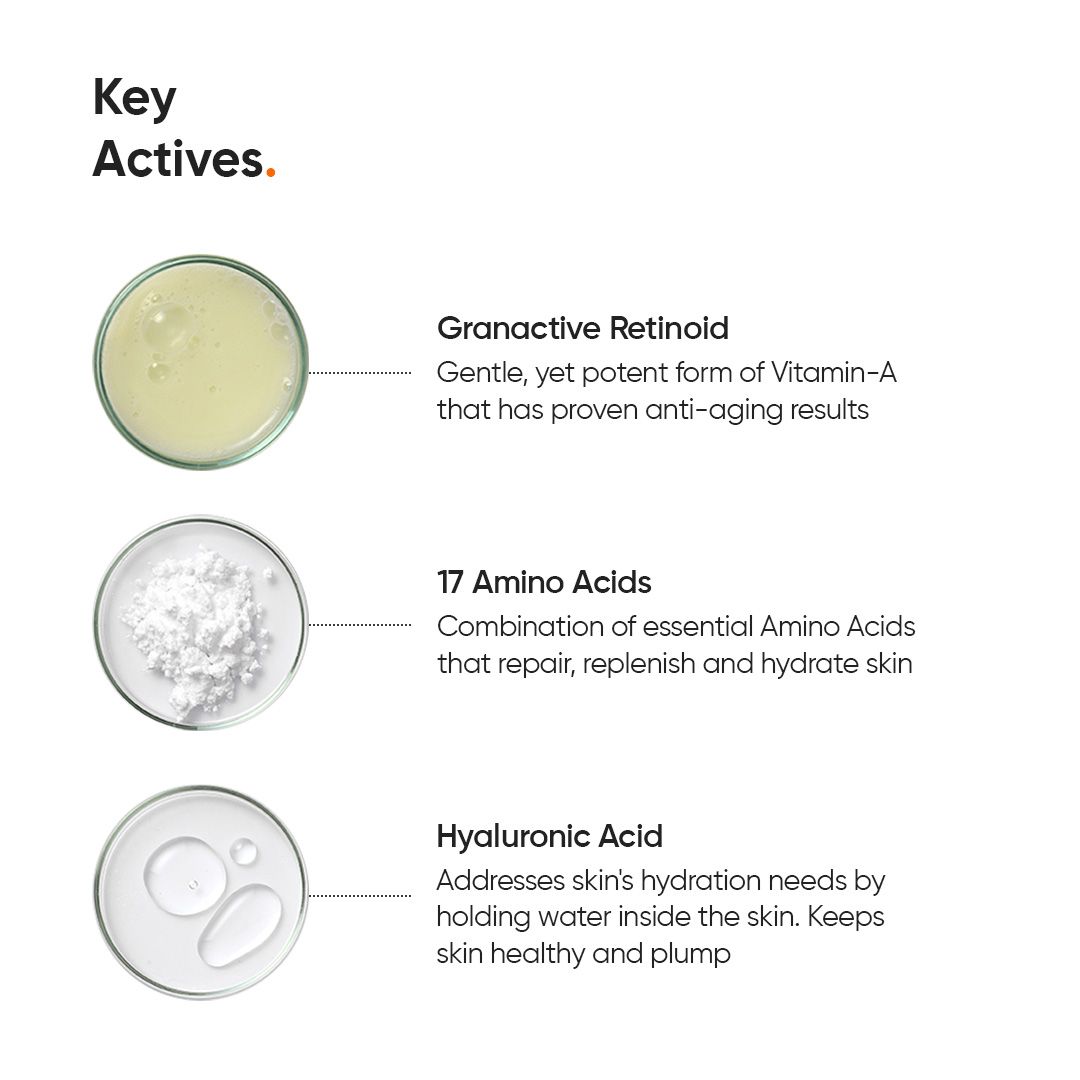 Drei runde Behälter mit Inhaltsstoffen: Granactive Retinoid, 17 Aminosäuren, Hyaluronsäure.