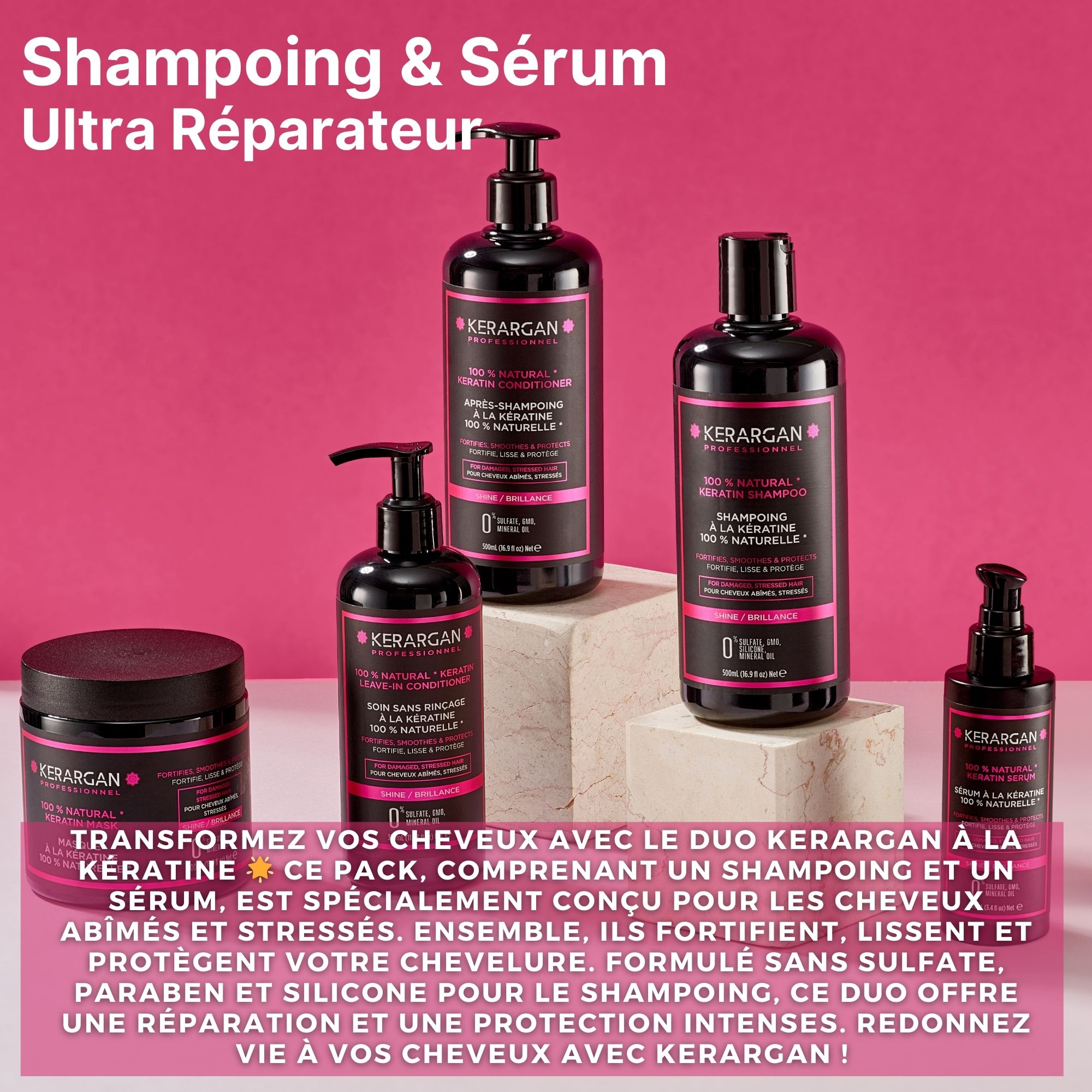 Plusieurs produits Kerargan sur fond rose. Shampooing, sérum et masque capillaire. Texte en français.