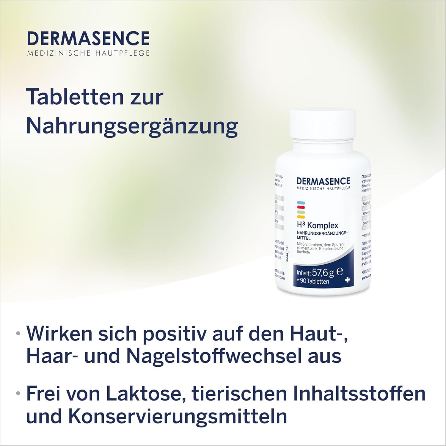 Weiße Tablettenflasche mit DERMASENCE-Logo und H³ Komplex. Enthält 90 Tabletten. Text: Tabletten zur Nahrungsergänzung.