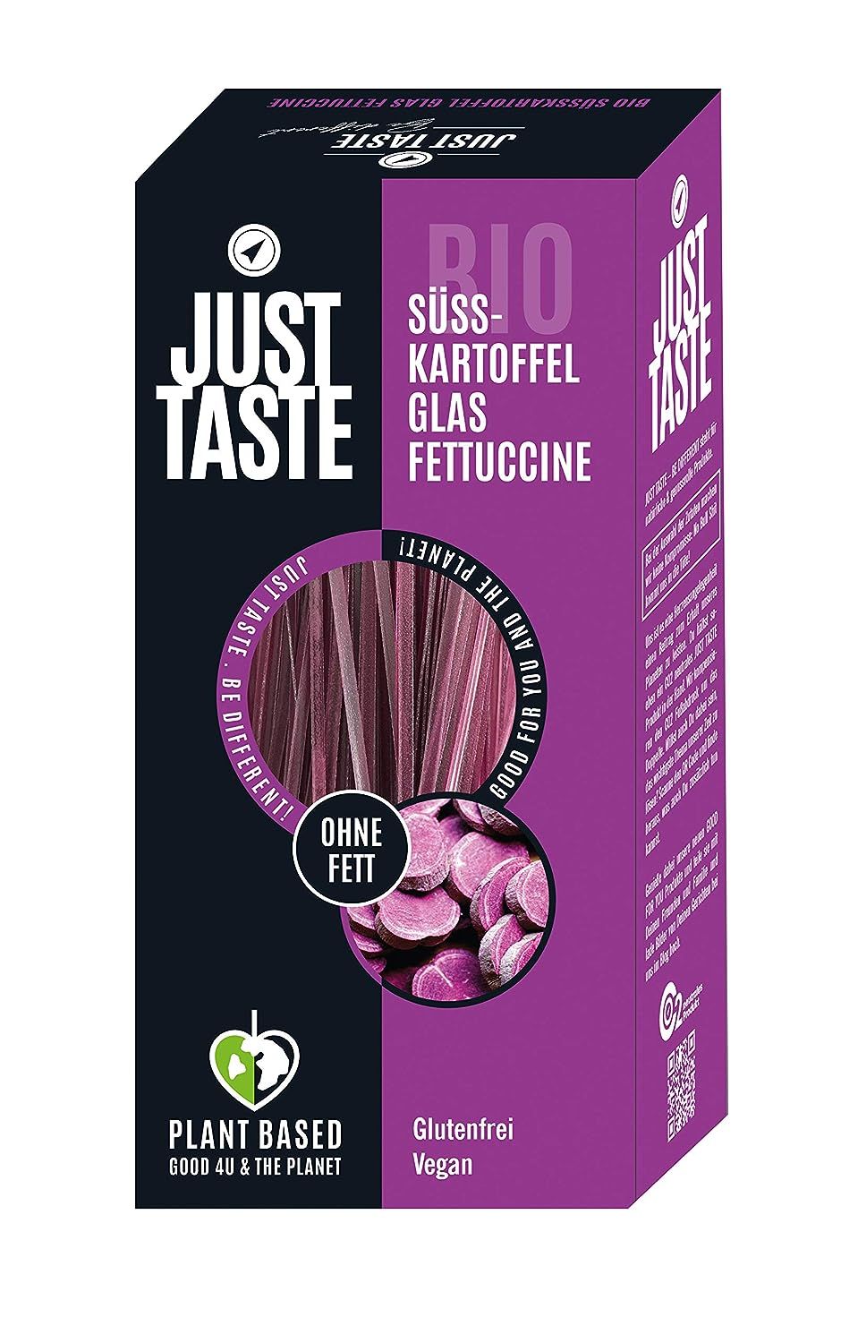 Just Taste Bio Süßkartoffel Fettuccine Packung. "Ohne Fett", "Glutenfrei", "Vegan".