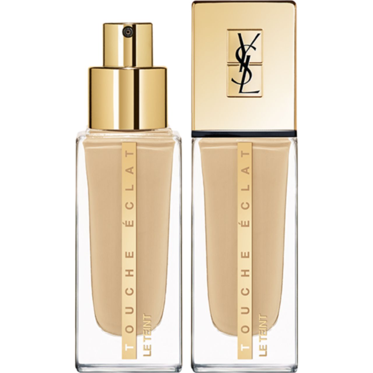 Zwei Flakons Yves Saint Laurent Touche Éclat Le Teint. Goldfarbene Deckel, transparente Behälter, Schriftzug.