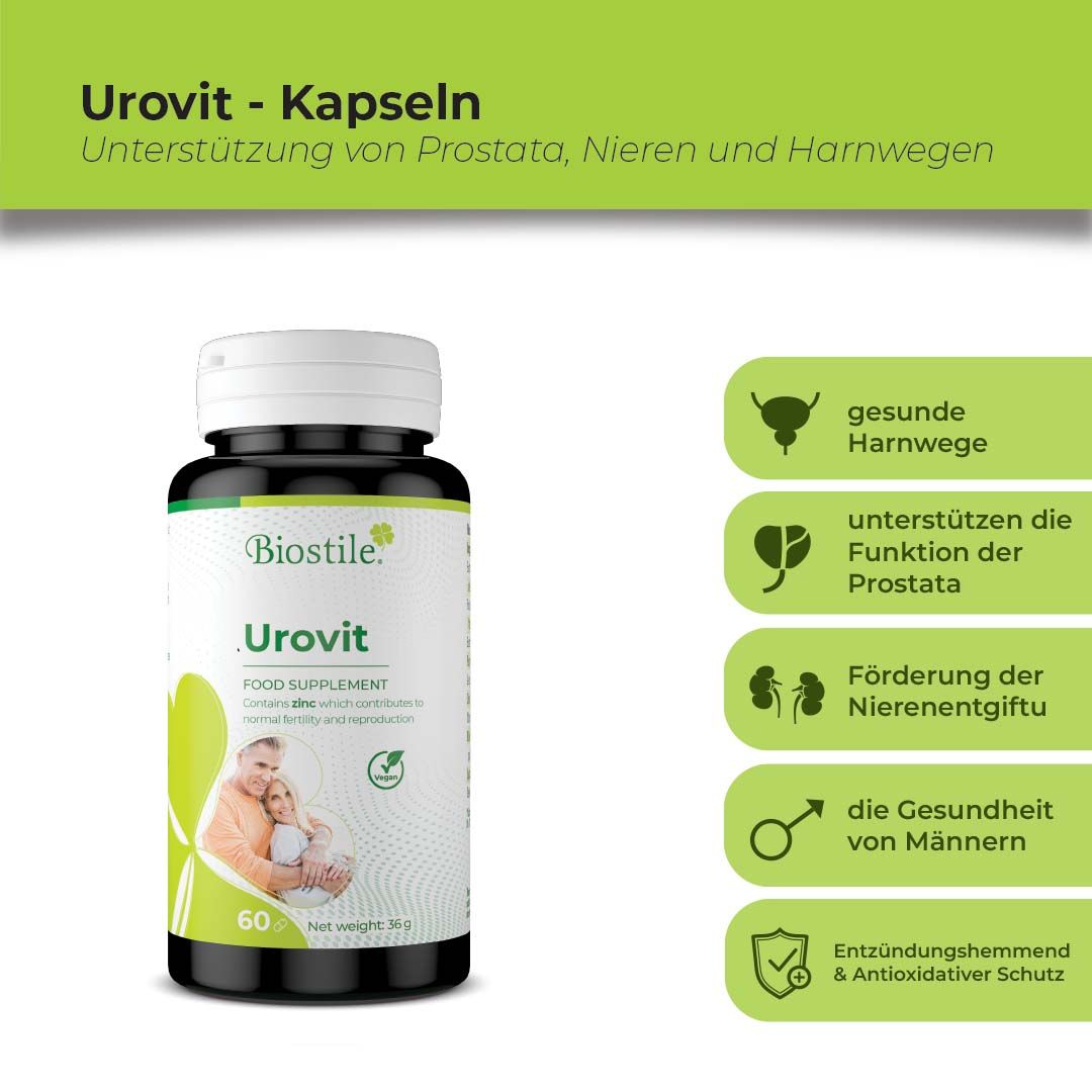 Flasche Biostile Urovit Kapseln. Text: Unterstützung von Prostata, Nieren und Harnwegen. Illustrationen.