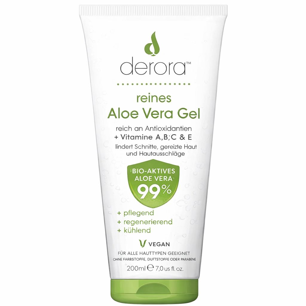 Weiße Tube Derora Aloe Vera Gel. Grüner Deckel. Text: reines Aloe Vera Gel, 99% Bio-aktives Aloe Vera, vegan.